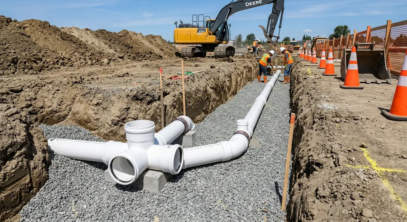 New PVC sewer pipe installation in open trench for Grease Trap Cleaning in Ewa Gentry
