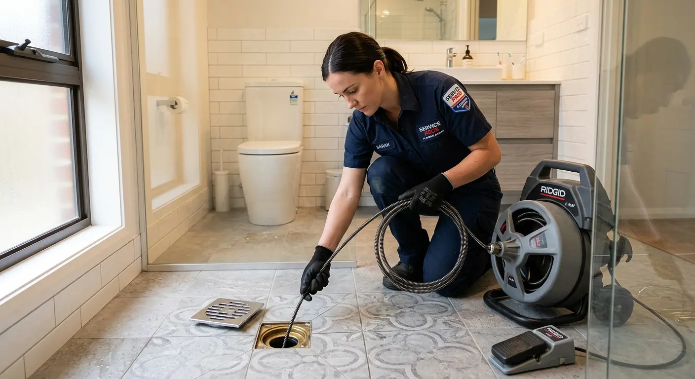 Technician clearing a bathroom floor drain for Drain Cleaning in Ewa Gentry